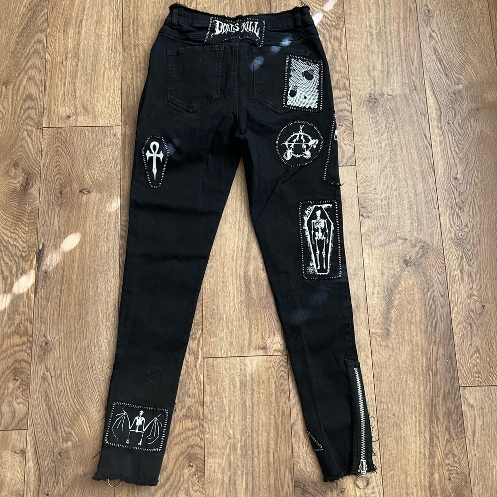 Dolls Kill Black Skinny Patchwork Gothic Jeans - Picture 2 of 14